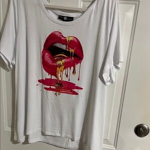 Ashley Stewart White Top with Red and Yellow Lip Print